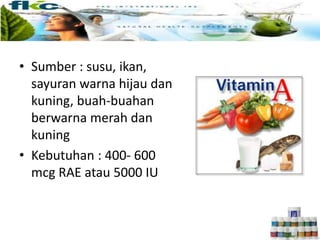 • Sumber : susu, ikan,
sayuran warna hijau dan
kuning, buah-buahan
berwarna merah dan
kuning
• Kebutuhan : 400- 600
mcg RAE atau 5000 IU
 