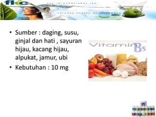 • Sumber : daging, susu,
ginjal dan hati , sayuran
hijau, kacang hijau,
alpukat, jamur, ubi
• Kebutuhan : 10 mg
 