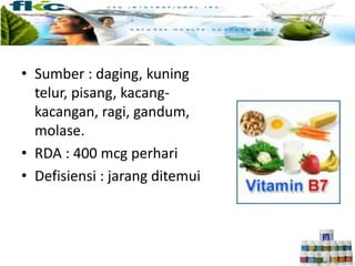 • Sumber : daging, kuning
telur, pisang, kacang-
kacangan, ragi, gandum,
molase.
• RDA : 400 mcg perhari
• Defisiensi : jarang ditemui
 