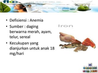 • Defisiensi : Anemia
• Sumber : daging
berwarna merah, ayam,
telur, sereal
• Kecukupan yang
dianjurkan untuk anak 18
mg/hari
 
