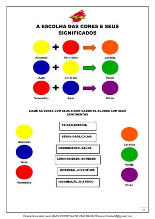 41
A ESCOLHA DAS CORES E SEUS
SIGNIFICADOS
LIGUE AS CORES COM SEUS SIGNIFICADOS DE ACORDO COM SEUS
SENTIMENTOS
PAIXÃO,ENERGIA
SERENIDADE,CALMA
CRESCIMENTO, SAÚDE
LUMINOSIDADE, BONDADE
DIVERSÃO ,JUVENTUDE
IMAGINAÇÃO ,MISTÉRIO
E-book licenciado para LUANY CHRISTINA DE LIMA DA SILVA luanychristina31@gmail.com
 