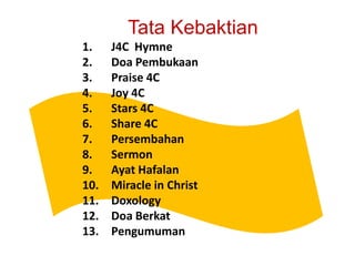 Tata KebaktianJ4C  HymneDoaPembukaanPraise 4CJoy 4CStars 4CShare 4CPersembahanSermonAyatHafalanMiracle in ChristDoxologyDoaBerkatPengumuman