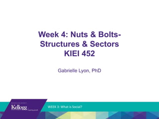 Week 4: Nuts & Bolts- 
Structures & Sectors 
KIEI 452 
Gabrielle Lyon, PhD 
WEEK 3: What is Social? 
 