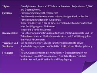 27plus Einzelgäste und Paare ab 27 Jahre zahlen einen Aufpreis von 3,00 € pro Übernachtung. Familien Familienmitgliedschaft erforderlich Familien mit mindestens einem minderjährigen Kind zahlen bei Familienaufenthalten den Juniorpreis. Kinder im Alter von 3 bis 12 Jahern erhalten bei Familienaufenthalt eine Ermäßigung von 30 Prozent. Kinder bis 2 Jahre kostenfrei Gruppenleiter Für LehrerInnen und GruppenleiterInnen mit Gruppenkarte und für TeilnehmerInnen an Maßnahmen der Aus- und Fortbildung gelten die Preise für Junioren. Tagungen und Seminare Die Konditionen für Tagungs- und Seminarangebote sowie Sonderleistungen sprechen Sie bitte direkt mit der Herbergsleitung ab. Freiplätze Neu: Gruppen erhalten bei mindestens 4 Übernachtungen mit Vollpension pro 20 Personen einen Freiplatz. Dieser Freiplatz enthält kostenlose Unterkunft und Verpflegung. 