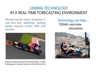 LINKING TECHNOLOGY
IN A REAL-TIME FORECASTING ENVIRONMENT
Monitoring the macro economy in
real time and detecting turning
points requires certain skills and
intuition
Technology can help …
TODAY: real-time
simulation
Sebastian Vettel driving for Red Bull Racing in 2010.
Photographer: Andrew Hoskins at British Grand Prix
 