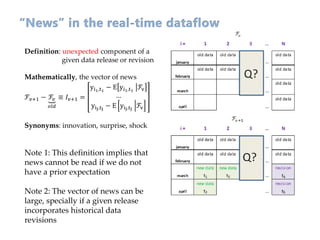 Definition: unexpected component of a
given data release or revision
Mathematically, the vector of news
ℱ 𝑣+1 − ℱ𝑣
𝑜𝑙𝑑
≡ 𝐼𝑣+1 =
yi1,t1
− E yi1,t1
ℱv
…
yiJ,tJ
− E yiJ,tJ
ℱv
Synonyms: innovation, surprise, shock
Note 1: This definition implies that
news cannot be read if we do not
have a prior expectation
Note 2: The vector of news can be
large, specially if a given release
incorporates historical data
revisions
 