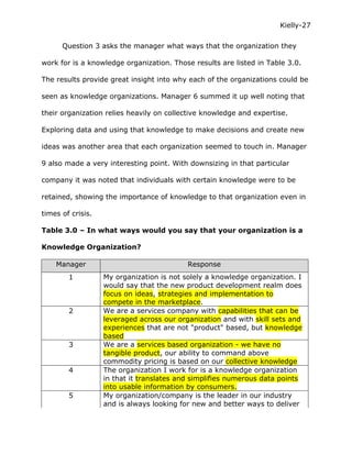 Kielly-27

      Question 3 asks the manager what ways that the organization they

work for is a knowledge organization. Those results are listed in Table 3.0.

The results provide great insight into why each of the organizations could be

seen as knowledge organizations. Manager 6 summed it up well noting that

their organization relies heavily on collective knowledge and expertise.

Exploring data and using that knowledge to make decisions and create new

ideas was another area that each organization seemed to touch in. Manager

9 also made a very interesting point. With downsizing in that particular

company it was noted that individuals with certain knowledge were to be

retained, showing the importance of knowledge to that organization even in

times of crisis.

Table 3.0 – In what ways would you say that your organization is a

Knowledge Organization?

    Manager                                Response
        1          My organization is not solely a knowledge organization. I
                   would say that the new product development realm does
                   focus on ideas, strategies and implementation to
                   compete in the marketplace.
        2          We are a services company with capabilities that can be
                   leveraged across our organization and with skill sets and
                   experiences that are not "product" based, but knowledge
                   based
        3          We are a services based organization - we have no
                   tangible product, our ability to command above
                   commodity pricing is based on our collective knowledge
        4          The organization I work for is a knowledge organization
                   in that it translates and simplifies numerous data points
                   into usable information by consumers.
        5          My organization/company is the leader in our industry
                   and is always looking for new and better ways to deliver
 