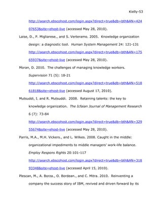 Kielly-53

     http://search.ebscohost.com/login.aspx?direct=true&db=bth&AN=424

     07653&site=ehost-live (accessed May 28, 2010).

Laise, D., P. Migliarese., and S. Verteramo. 2005. Knowledge organization

     design: a diagnostic tool. Human System Management 24: 121-131

     http://search.ebscohost.com/login.aspx?direct=true&db=bth&AN=175

     65937&site=ehost-live (accessed May 28, 2010).

Moran, D. 2010. The challenges of managing knowledge workers.

     Supervision 71 (5): 18-21

     http://search.ebscohost.com/login.aspx?direct=true&db=bth&AN=518

     61818&site=ehost-live (accessed August 17, 2010).

Mutsuddi, I. and R. Mutsuddi. 2008. Retaining talents: the key to

     knowledge organization. The Icfaian Journal of Management Research

     6 (7): 73-84

     http://search.ebscohost.com/login.aspx?direct=true&db=bth&AN=329

     55674&site=ehost-live (accessed May 28, 2010).

Parris, M.A., M.H. Vickers., and L. Wilkes. 2008. Caught in the middle:

     organizational impediments to middle managers’ work-life balance.

     Employ Respons Rights 20:101-117

     http://search.ebscohost.com/login.aspx?direct=true&db=bth&AN=318

     93348&site=ehost-live (accessed April 15, 2010).

Plescan, M., A. Borza., O. Bordean., and C. Mitra. 2010. Reinventing a

     company the success story of IBM, revived and driven forward by its
 