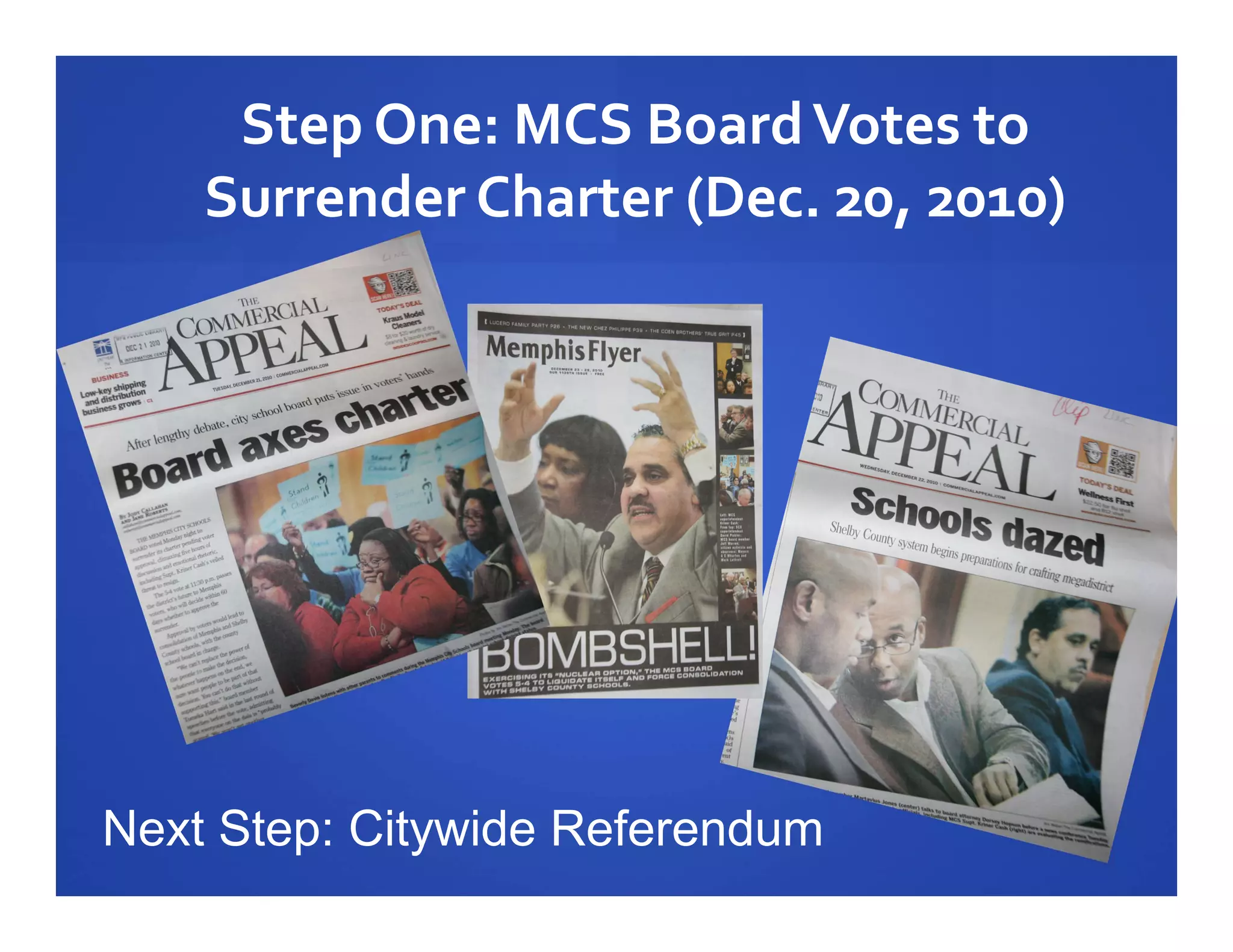 Step One: MCS Board Votes to 
    Surrender Charter (Dec. 20, 2010)




Next Step: Citywide Referendum
 