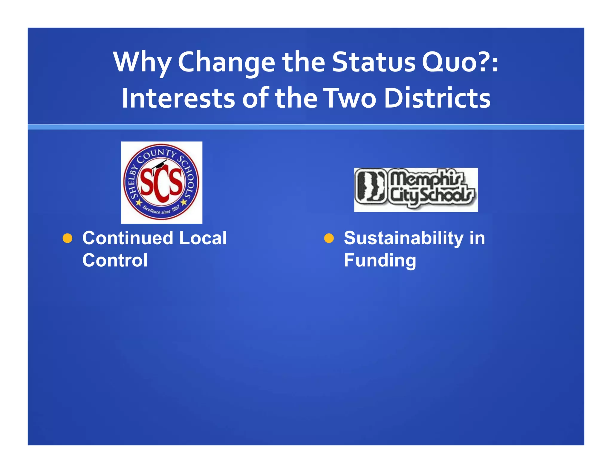 Why Change the Status Quo?: 
     Interests of the Two Districts



 Continued Local     Sustainability in
  Control              Funding
 