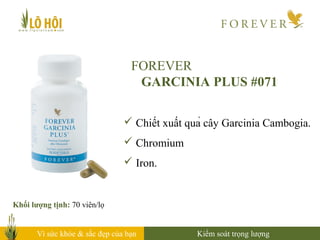 Vì sức khỏe & sắc đẹp của bạn
FOREVER
GARCINIA PLUS #071
Khối lượng tịnh: 70 viên/lọ
 Chiết xuất quả cây Garcinia Cambogia.
 Chromium
 Iron.
Kiểm soát trọng lượng
 