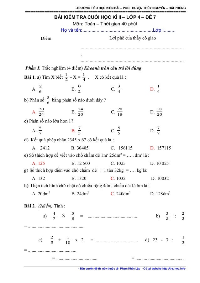 đề Thi Ki 2 Lớp 4 Mon Toan Th Kim đồng 2018 Lớp 4 Toan Lớp 4 Toan Học