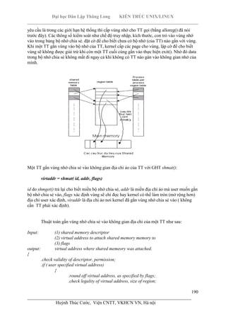 Đại học Dân Lập Thăng Long KIẾN TRÚC UNIX/LINUX
___________________________________________________________________________
190
________________________________________________________________________
Huỳnh Thúc Cước, Viện CNTT, VKHCN VN, Hà nội
yêu cầu là trong các giới hạn hệ thống thì cấp vùng nhớ cho TT gọi (bằng alloreg() đã nói
trước đây). Các thông số kiểm soát như chế độ truy nhập, kích thước, con trỏ vào vùng nhớ
vào trong bảng bộ nhớ chia sẻ. đặt cờ để cho biết chưa có bộ nhớ (của TT) nào gắn với vùng.
Khi một TT gắn vùng vào bộ nhớ của TT, kernel cấp các page cho vùng, lập cờ để cho biết
vùng sẽ không được giải trừ khi còn một TT cuối cùng gắn vào thực hiện exit(). Nhờ đó data
trong bộ nhớ chia sẻ không mất đi ngay cả khi không có TT nào gán vào không gian nhớ của
mình.
Một TT gắn vùng nhớ chia sẻ vào không gian địa chỉ ảo của TT với GHT shmat():
virtaddr = shmat( id, addr, flags)
id do shmget() trả lại cho biết miền bộ nhớ chia sẻ, addr là miền địa chỉ ảo mà user muốn gắn
bộ nhớ chia sẻ vào, flags xác định vùng sẽ chỉ đọc hay kernel có thể làm tròn (mở rộng hơn)
địa chỉ user xác định, viraddr là địa chỉ ảo nơi kernel đã gắn vùng nhớ chia sẻ vào ( không
cần TT phải xác định).
Thuật toán gắn vùng nhớ chia sẻ vào không gian địa chỉ của một TT như sau:
Input: (1) shared memory descriptor
(2) virtual address to attach shared memory memory to
(3) flags
output: virtual address where shared memeory was attached.
{
.check validity of descriptor, permission;
.if ( user specified virtual address)
{
.round off virtual address, as specified by flags;
.check legality of virtual address, size of region;
 
