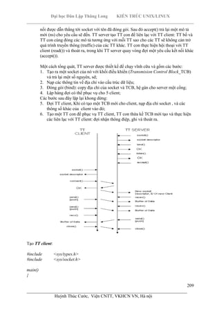 Đại học Dân Lập Thăng Long KIẾN TRÚC UNIX/LINUX
___________________________________________________________________________
209
________________________________________________________________________
Huỳnh Thúc Cước, Viện CNTT, VKHCN VN, Hà nội
nối được dẫn thẳng tới socket với tên đã đóng gói. Sau đó accept() trả lại một mô tả
mới (ns) cho yêu cầu sẽ đến. TT server tạo TT con để liên lạc với TT client: TT bố và
TT con cùng đóng các mô tả tương ứng với mỗi TT sao cho các TT sẽ không cản trở
quá trình truyền thông (traffic) của các TT khác. TT con thực hiện hội thoại với TT
client (read()) và thoát ra, trong khi TT server quay vòng đợi một yêu cầu kết nối khác
(accept()).
Một cách tổng quát, TT server được thiết kế để chạy vĩnh cữu và gồm các bước:
1. Tạo ra một socket của nó với khối điều khiển (Transmision Control Block_TCB)
và trả lại một số nguyên, sd;
2. Nạp các thông tin về địa chỉ vào cấu trúc dữ liệu;
3. Đóng gói (bind): copy địa chỉ của socket và TCB, hệ gán cho server một cổng;
4. Lập hàng đợi có thể phục vụ cho 5 client;
Các bước sau đây lặp lại khong dừng:
5. Đợi TT client, Khi có tạo một TCB mới cho client, nạp địa chỉ socket , và các
thông số khác của client vào đó;
6. Tạo một TT con để phục vụ TT client, TT con thừa kế TCB mới tạo và thực hiện
các liên lạc với TT client: đợi nhận thông điệp, ghi và thoát ra.
Tạo TT client:
#include <sys/types.h>
#include <sys/socket.h>
main()
{
 