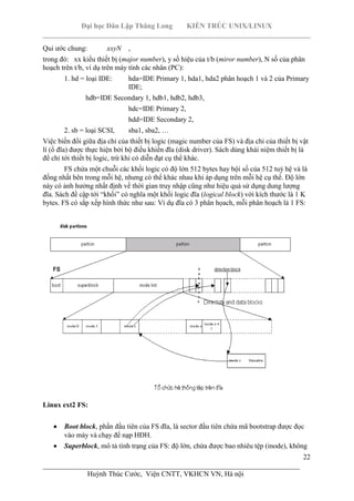 Đại học Dân Lập Thăng Long KIẾN TRÚC UNIX/LINUX
___________________________________________________________________________
22
________________________________________________________________________
Huỳnh Thúc Cước, Viện CNTT, VKHCN VN, Hà nội
Qui ước chung: xxyN ,
trong đó: xx kiểu thiết bị (major number), y số hiệu của t/b (miror number), N số của phân
hoạch trên t/b, ví dụ trên máy tính các nhân (PC):
1. hd = loại IDE: hda=IDE Primary 1, hda1, hda2 phân hoạch 1 và 2 của Primary
IDE;
hdb=IDE Secondary 1, hdb1, hdb2, hdb3,
hdc=IDE Primary 2,
hdd=IDE Secondary 2,
2. sb = loại SCSI, sba1, sba2, …
Việc biến đổi giữa địa chỉ của thiết bị logic (magic number của FS) và địa chỉ của thiết bị vật
lí (ổ đĩa) được thực hiện bởi bộ điều khiển đĩa (disk driver). Sách dùng khái niệm thiết bị là
để chỉ tới thiết bị logic, trừ khi có diễn đạt cụ thể khác.
FS chứa một chuỗi các khối logic có độ lớn 512 bytes hay bội số của 512 tuỳ hệ và là
đồng nhất bên trong mỗi hệ, nhưng có thể khác nhau khi áp dụng trên mỗi hệ cụ thể. Độ lớn
này có ảnh hưởng nhất định về thời gian truy nhập cũng như hiệu quả sử dụng dung lượng
đĩa. Sách đề cập tới “khối” có nghĩa một khối logic đĩa (logical block) với kích thước là 1 K
bytes. FS có sắp xếp hình thức như sau: Ví dụ đĩa có 3 phân họach, mỗi phân hoạch là 1 FS:
Linux ext2 FS:
Boot block, phần đầu tiên của FS đĩa, là sector đầu tiên chứa mã bootstrap được đọc
vào máy và chạy để nạp HĐH.
Superblock, mô tả tình trạng của FS: độ lớn, chứa được bao nhiêu tệp (inode), không
 
