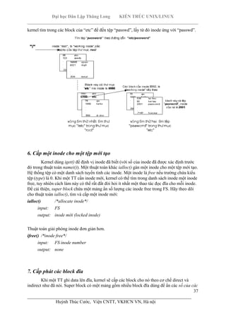 Đại học Dân Lập Thăng Long KIẾN TRÚC UNIX/LINUX
___________________________________________________________________________
37
________________________________________________________________________
Huỳnh Thúc Cước, Viện CNTT, VKHCN VN, Hà nội
kernel tìm trong các block của “etc” để đến tệp “passwd”, lấy từ đó inode ứng với “passwd”.
6. Cấp một inode cho một tệp mới tạo
Kernel dùng iget() để định vị inode đã biết (với số của inode đã được xác định trước
đó trong thuật toán namei()). Một thuật toán khác ialloc() gán một inode cho một tệp mới tạo.
Hệ thống tệp có một danh sách tuyến tính các inode. Một inode là free nếu trường chứa kiểu
tệp (type) là 0. Khi một TT cần inode mới, kernel có thể tìm trong danh sách inode một inode
free, tuy nhiên cách làm này có thể rất đắt đòi hỏi ít nhất một thao tác đọc đĩa cho mỗi inode.
Để cải thiện, super block chứa một mảng ẩn số lượng các inode free trong FS. Hãy theo dõi
cho thuật toán ialloc(), tìm và cấp một inode mới:
ialloc() /*allocate inode*/
input: FS
output: inode mới (locked inode)
Thuật toán giải phóng inode đơn giản hơn.
ifree() /*inode free*/
input: FS inode number
output: none
7. Cấp phát các block đĩa
Khi một TT ghi data lên đĩa, kernel sẽ cấp các block cho nó theo cơ chế direct và
indirect như đã nói. Super block có một mảng gồm nhiều block đĩa dùng để ẩn các số của các
 
