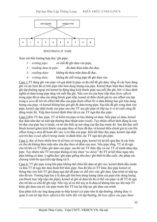 Đại học Dân Lập Thăng Long KIẾN TRÚC UNIX/LINUX
___________________________________________________________________________
55
________________________________________________________________________
Huỳnh Thúc Cước, Viện CNTT, VKHCN VN, Hà nội
Xem xét bốn trường hợp đọc/ ghi pipe:
1 - writing pipe: có chỗ để ghi data vào pipe,
2 - reading data từ pipe: đủ data thỏa mãn cho đọc,
3 - reading data: không đủ thỏa mãn data để đọc,
4 - writing data: không đủ chỗ trong pipe để ghi data vào.
Case 1:TT đang ghi vào pipe với giả định là pipe có đủ chỗ để ghi data: tổng số các byte đang
ghi và các byte đã có trên pipe nhỏ hơn dung lượng của pipe. Kernel thực hiện theo thuật toán
ghi tệp thường ngoại trừ kernel tự động tăng kích thước pipe sau mỗi lần ghi, bởi vì theo định
nghĩa số data trong pipe tăng với mỗi lần ghi. Nếu con trỏ của byte tiếp theo (byte offset)
trong pipe đã có nhu cầu dùng block gián tiếp, kernel sẽ điều chỉnh giá trị của offset của tệp
trong u area để trỏ tới offset bắt đầu của pipe (byte offset 0) vì data không bao giờ tràn dung
lượng của pipe, và kernel không bao giờ ghi đè data trong pipe. Sau khi đã ghi xong data vào
pipe, kernel cập nhật inode của pipe sao cho TT sau ghi pipe sẽ tiếp tục ở vị trí cuối cùng đã
dừng trước đó. Tiếp theo kernel đành thức tất cả các TT ngủ đợi đọc pipe.
Case 2:Khi TT đọc pipe, TT sẽ kiểm tra pipe có hay không có data. Nếu pipe có data, kernel
đọc data như đọc từ một tệp thường theo thuật toán read(). Tuy nhiên offset khởi động là con
trỏ đọc của pipe lưu ở inode, và nó cho biết sự mở rộng của lần đọc trước đó. Sau khi đọc mỗi
block kernel giảm kích thước của pipe theo số byte đã đọc và kernel điều chỉnh giá trị của file
offset trong u area để hoán đổi vào vị trí đầu của pipe. Khi kết thúc đọc pipe, kernel cập nhật
con trỏ đọc (read offset) trong inode và đánh thức các TT ngủ đợi ghi pipe.
Case 3: đọc số byte nhiều hơn là số byte có trong pipe, kernel trả lại kết quả đọc là các byte
có cho dù không thỏa mãn nhu cầu đọc theo số đếm của user. Nếu pipe rỗng, TT sẽ đi ngủ
cho tới khi có TT khác ghi data vào pipe, sau đó các TT thức dậy và các TT sẽ tranh nhau đọc
pipe. Tuy nhiên nếu TT mở pipe không có tùy chọn “no delay” thì TT sẽ kết thúc ngay nếu
pipe không có data. ý nghĩa đọc/ ghi pipe giống như đọc/ ghi thiết bị đầu cuối, cho phép các
chương trình bỏ qua kiểu tệp đang xử lí.
Case 4: TT ghi pipe trong khi pipe không thể chứa hết data sẽ ghi vào, kernel đánh dấu inode
và đưa TT đi ngủ đợi data thoát bớt khỏi pipe. Sau đó khi có TT khác đọc pipe kernel sẽ
thông báo cho biết TT ghi đang ngủ đợi để pipe có chỗ cho việc ghi data. Quá trình sẽ tiếp tục
như đã nói. Trường hợp lưu ý là data ghi lớn hơn dung lượng chứa của pipe (tức dung lượng
của block trực tiếp cấp cho pipe), kernel sẽ ghi số data tối đa có thể vào pipe và để TT đi ngủ
cho tới khi có chỗ để ghi tiếp. Nếu vậy sẽ có thể xảy ra là data sẽ không liên tục khi một TT
khác ghi data của nó vào pipe trước khi TT kia lại tiếp tục ghi data của mình.
Qua phân tích các ứng dụng pipe ta thấy kernel coi pipe như là tệp thường, nhưng thay vì
quản lí con trỏ tệp (byte offset) ở file table đối với tệp thường, thì byte offset của pipe được
 
