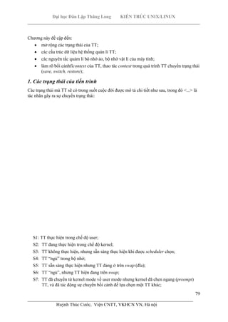 Đại học Dân Lập Thăng Long KIẾN TRÚC UNIX/LINUX
___________________________________________________________________________
79
________________________________________________________________________
Huỳnh Thúc Cước, Viện CNTT, VKHCN VN, Hà nội
Chương này đề cập đến:
mở rộng các trạng thái của TT;
các cấu trúc dữ liệu hệ thống quản lí TT;
các nguyên tắc quảm lí bộ nhớ ảo, bộ nhớ vật lí của máy tính;
làm rõ bối cảnhficontext của TT, thao tác context trong quá trình TT chuyển trạng thái
(save, switch, restore);
1. Các trạng thái của tiến trình
Các trạng thái mà TT sẽ có trong suốt cuộc đời được mô tả chi tiết như sau, trong đó <...> là
tác nhân gây ra sự chuyển trạng thái:
S1: TT thực hiện trong chế độ user;
S2: TT đang thực hiện trong chế độ kernel;
S3: TT không thực hiện, nhưng sẵn sàng thực hiện khi được scheduler chọn;
S4: TT “ngủ” trong bộ nhớ;
S5: TT sẵn sàng thực hiện nhưng TT đang ở trên swap (đĩa);
S6: TT “ngủ”, nhưng TT hiện đang trên swap;
S7: TT đã chuyển từ kernel mode về user mode nhưng kernel đã chen ngang (preempt)
TT, và đã tác động sự chuyển bối cảnh để lựa chọn một TT khác;
 