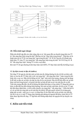 Đại học Dân Lập Thăng Long KIẾN TRÚC UNIX/LINUX
___________________________________________________________________________
88
________________________________________________________________________
Huỳnh Thúc Cước, Viện CNTT, VKHCN VN, Hà nội
10. Tiến trình ngủ (sleep)
Phần trên đã đề cập đến các chức năng cấp cơ sở liên quan đến sự chuyển trạng thái của TT
từ “sẵn sàng thực hiện trong bộ nhớ” đến/hay trở lại “thực hiện trong kernel”. Tiếp theo sẽ là
thuật toán mô tả TT đi vào trạng thái “ngủ trong bộ nhớ”: S2 S4. Sau đó sẽ là thuật toán
đánh thức TT, đưa TT vào trạng thái “sẵn sàng thực hiện trong bộ nhớ” S4 S3 hay S3
S5 ”sẵn sàng thực hiện“ nhưng TT ở trên swap (đĩa).
Khi một TT đi ngủ (thường là khi thực hiện một GHT), TT thực hiện một bẫy hệ thống (trap).
11. Sự kiện (event) và địa chỉ (addres)
Nói rằng TT đi ngủ do chờ đợi một sự kiện nào đó, thông thường là cho tới khi sự kiện xuất
hiện và vào lúc đó TT thức tỉnh và đi vào trạng thái “ sẵn sàng thực hiện “ hoặc trong bộ nhớ
hoặc trên swap out. Mặc dù hệ thống nói tới “ngủ” một cách trừu tượng, nhưng cách áp dụng
là để ánh xạ tập các sự kiện vào tập các địa chỉ ảo của kernel. Địa chỉ để biểu diễn các sự kện
được mã hoá trong kernel, và kernel chờ đợi sự kiện để ánh xạ nó vào một địa chỉ cụ thể.
Tính trừu tượng dẫn đến vấn đề là không thể phân biệt được có bao nhiêu TT đang đợi một sự
kiện và dẫn đến hai điều không bình thường: khi một sự kiện xuất hiện, thì tất cả các TT ngủ
đợi đều được đánh thức, và tất cả đều chuyển vào trạng thái “ sẵn sàng chạy “. Điều thứ hai là
có vài sự kiện lại cùng ánh xạ tới một địa chỉ (đích). Để giải quyết, kernel sẽ sử dụng giải
pháp ánh xạ một - một (one to one), và rằng thực tế cho thấy ánh xạ đa sự kiện vào một địa
chỉ rất ít xảy ra vì một TT đang chạy thường giải phóng tài nguyên đã khóa, trước khi có TT
khác được lập biểu để chạy. TT lập biểu nếu không nhận được tài nguyên thì lại chuyển vào
sleep.
C. Kiểm soát tiến trình
 