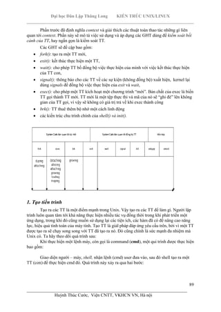 Đại học Dân Lập Thăng Long KIẾN TRÚC UNIX/LINUX
___________________________________________________________________________
89
________________________________________________________________________
Huỳnh Thúc Cước, Viện CNTT, VKHCN VN, Hà nội
Phần trước đã định nghĩa context và giải thích các thuật toán thao tác những gì liên
quan tới context. Phần này sẽ mô tả việc sử dụng và áp dụng các GHT dùng để kiểm soát bối
cảnh của TT, hay ngắn gọn là kiểm soát TT.
Các GHT sẽ đề cập bao gồm:
fork(): tạo ra một TT mới,
exit(): kết thúc thực hiện một TT,
wait(): cho phép TT bố đồng bộ việc thực hiện của mình với việc kết thúc thực hiện
của TT con,
signal(): thông báo cho các TT về các sự kiện (không đồng bộ) xuất hiện, kernel lại
dùng signals để đồng bộ việc thực hiện của exit và wait,
exec(): cho phép một TT kích hoạt một chương trình “mới”. Bản chất của exec là biến
TT gọi thành TT mới. TT mới là một tệp thực thi và mã của nó sẽ “ghi đè” lên không
gian của TT gọi, ví vậy sẽ không có giá trị trả về khi exec thành công
brk(): TT thuê thêm bộ nhớ một cách linh động
các kiến trúc chu trình chính của shell() và init().
1. Tạo tiến trình
Tạo ra các TT là một điểm mạnh trong Unix. Vậy tạo ra các TT để làm gì. Người lập
trình luôn quan tâm tới khả năng thực hiện nhiều tác vụ đồng thời trong khi phát triển một
ứng dụng, trong khi đó cũng muốn sử dụng lại các tiện ích, các hàm đã có để nâng cao năng
lực, hiệu quả tính toán của máy tính. Tạo TT là giảI pháp đáp ứng yêu cầu trên, bởi vì một TT
được tạo ra sẽ chạy song song với TT đã tạo ra nó. Đó cũng chính là sức mạnh đa nhiệm mà
Unix có. Ta hãy theo dõi quá trình sau:
Khi thực hiện một lệnh máy, còn gọi là command (cmd), một qui trình được thực hiện
bao gồm:
Giao diện người – máy, shell, nhận lệnh (cmd) user đưa vào, sau đó shell tạo ra một
TT (con) để thực hiện cmd đó. Quá trình này xảy ra qua hai bước:
 