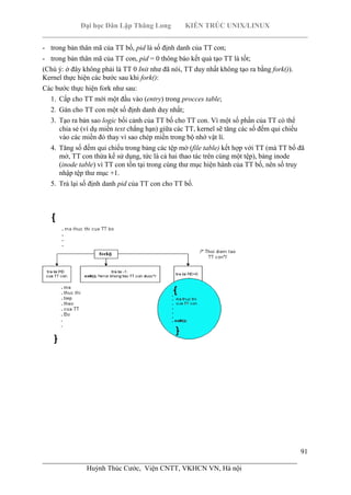 Đại học Dân Lập Thăng Long KIẾN TRÚC UNIX/LINUX
___________________________________________________________________________
91
________________________________________________________________________
Huỳnh Thúc Cước, Viện CNTT, VKHCN VN, Hà nội
- trong bản thân mã của TT bố, pid là số định danh của TT con;
- trong bản thân mã của TT con, pid = 0 thông báo kết quả tạo TT là tốt;
(Chú ý: ở đây không phải là TT 0 Init như đã nói, TT duy nhất không tạo ra bằng fork()).
Kernel thực hiện các bước sau khi fork():
Các bước thực hiện fork như sau:
1. Cấp cho TT mới một đầu vào (entry) trong procces table;
2. Gán cho TT con một số định danh duy nhất;
3. Tạo ra bản sao logic bối cảnh của TT bố cho TT con. Vì một số phần của TT có thể
chia sẻ (ví dụ miền text chẳng hạn) giữa các TT, kernel sẽ tăng các số đếm qui chiếu
vào các miền đó thay vì sao chép miền trong bộ nhớ vật lí.
4. Tăng số đếm qui chiếu trong bảng các tệp mở (file table) kết hợp với TT (mà TT bố đã
mở, TT con thừa kế sử dụng, tức là cả hai thao tác trên cùng một tệp), bảng inode
(inode table) vì TT con tồn tại trong cùng thư mục hiện hành của TT bố, nên số truy
nhập tệp thư mục +1.
5. Trả lại số định danh pid của TT con cho TT bố.
 