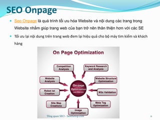 SEO Onpage
 Seo Onpage là quá trình tối ưu hóa Website và nội dung các trang trong
Website nhắm giúp trang web của bạn trở nên thân thiện hơn với các SE
 Tối ưu lại nội dung trên trang web đem lại hiệu quả cho bộ máy tìm kiếm và khách
hàng
Tổng quan SEO - Seothetop.com 11
 