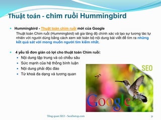 Thuật toán - chim ruồi Hummingbird
 Hummingbird - Thuật toán chim ruồi mới của Google
Thuật toán Chim ruồi (Hummingbird) sẽ gia tăng độ chính xác và tạo sự tương tác tự
nhiên với người dùng bằng cách xem xét toàn bộ nội dung bài viết để tìm ra những
kết quả sát với mong muốn người tìm kiếm nhất.
 4 yếu tố đơn giản có lợi cho thuật toán Chim ruồi:
 Nội dung tập trung và có chiều sâu
 Sức mạnh của hệ thống bình luận
 Nội dung phải độc đáo
 Từ khoá đa dạng và tương quan
Tổng quan SEO - Seothetop.com 31
 
