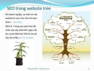 SEO trong website tree
• Khi doanh nghiệp, cá nhân có một
website thì xem như mới chỉ chọn
được 1 cây giống
• SEO là 1 trong các cách thức để
chăm sóc cây phát triển ngày một
lớn và khi SEO lên TOP thì lúc đó
cây cho nhiều quả To và Ngon
Tổng quan SEO - Seothetop.com 6
 