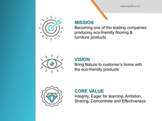 MISSION
Becoming one of the leading companies
producing eco-friendly flooring &
furniture products
VISION
Bring Nature to customer’s home with
the eco-friendly products
CORE VALUE
Integrity, Eager for learning, Ambition,
Sharing, Concentrate and Effectiveness
www.spcfloor.vn
 