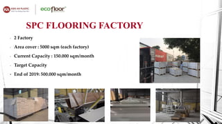 - 2 Factory
- Area cover : 5000 sqm (each factory)
- Current Capacity : 150.000 sqm/month
- Target Capacity
• End of 2019: 500.000 sqm/month
SPC FLOORING FACTORY
 
