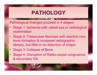 PATHOLOGY
Pathological changes proceed in 4 stages:-
• Stage 1: Ischemia with naked eye or radiological
  examination
• Stage 2: Trabeculae Necrosis with reactive new
  bone formation & increased radiographic
  density, but little or no distortion of shape.
• Stage 3: Collapse of Bone
• Stage 4: Disruption of Radio-carpal congruence
  & secondary OA
 