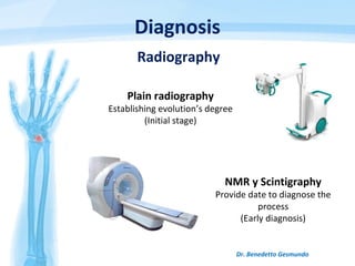 Diagnosis
Dr. Benedetto Gesmundo
Plain radiography
Establishing evolution’s degree
(Initial stage)
NMR y Scintigraphy
Provide date to diagnose the
process
(Early diagnosis)
Radiography
 