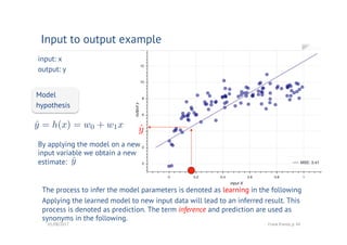 01/08/2017 Frank Kienle, p. 44
Model
hypothesis
input: x
output: y
By applying the model on a new
input variable we obtain a new
estimate:
The process to infer the model parameters is denoted as learning in the following
Applying the learned model to new input data will lead to an inferred result. This
process is denoted as prediction. The term inference and prediction are used as
synonyms in the following.
ˆy
ˆy
Input to output example
 