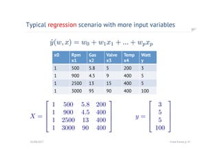 Typical regression scenario with more input variables
01/08/2017 Frank Kienle, p. 47
x0 Rpm
x1
Gas
x2
Valve
x3
Temp
x4
Watt
y
1 500 5.8 5 200 3
1 900 4.5 9 400 5
1 2500 13 15 400 5
1 3000 95 90 400 100
X =
2
6
6
4
1 500 5.8 200
1 900 4.5 400
1 2500 13 400
1 3000 90 400
3
7
7
5 y =
2
6
6
4
3
5
5
100
3
7
7
5
 
