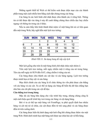113
Những người thiết kế Web có thể kiểm soát được diện mạo của các thành
phần trang một cách nhiều hơn bằng cách đặt chúng trong các bảng.
Các bảng là các lưới hình chữ nhật được chia thành các ô riêng biệt. Thông
tin có thể được đặt vào từng ô này để canh th ng chúng theo chiều dọc hay chiều
ngang với thông tin trong các ô khác.
Nếu ta cảm thấy khó hình thành khái niệm về một bảng khi nó có liên quan
đến một trang Web, hãy nghĩ đến một lịch treo tường:
Hình VIII.11. Sử dụng bảng để sắp xếp lịch
Một lịch giống như trên là một bảng hình chữ nhật chứa một nhóm ô.
Trên một lịch treo tường, m i ngày chiếm một ô riêng của nó trong bảng.
Tên của m i ngày từ SUN đến SAT, c ng chiếm ô riêng của nó.
Các bảng được chia thành các cột dọc và các hàng ngang. Lịch treo tường
được minh họa có bảy cột và sáu hàng.
Mục đích chính của các bảng là tổ chức thông tin vốn phải được căn th ng
với các hàng và các cột. Ta có thể sử dụng các bảng để hiển thị dữ liệu ch ng hạn
như báo cáo chi phí trong các cột dễ đọc.
Căn thẳng text trong bảng
Mặc dù các bảng hữu dụng cho việc trình bày trang, nhưng chúng c ng là
một cách hiệu quả để trình bày text trong các hàng và cột dạng bảng.
Bởi vì ta có thể tạo một bảng với FrontPage, ta phải quyết định bao nhiêu
hàng và cột mà nó sẽ chứa, các cột được đếm từ trái sang phải và các hàng được
đếm từ trên xuống dưới.
Các bảng được hiển thị dưới dạng một lưới r ng khi chúng được thêm vào một
trang Web. Hình dưới minh họa một bảng mới được tạo chứa hai cột và bốn hàng.
 