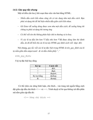 17
I.4.3. Các quy tắc chung
Một số điều cần lưu ý khi soạn thảo siêu văn bản bằng HTML:
- Nhiều dấu cách liền nhau cũng chỉ có tác dụng như một dấu cách. Bạn
phải sử dụng thẻ để thể hiện nhiều dấu giãn cách liền nhau.
- Gõ Enter để xuống dòng được xem như một dấu cách, để xuống hàng thì
chúng ta phải sử dụng thẻ tương ứng
- Có thể viết tên thẻ không phân biệt chữ in thường và in hoa.
- Vì các kí tự dấu lớn hơn >, dấu nh hơn < đã được dùng làm thẻ đánh
dấu, do đó để hiển thị các kí tự này HTML quy định cách viết: > <
Nói chung, quy tắc viết các kí tự đặc biệt trong HTML là tên_quy_định của kí
tự nằm giữa dấu ampersand - và dấu chấm phẩy ;
&t n_quy_định;
5 ký tự đặc biệt hay dùng
K tự Cách viết
< <
> >
“ "
Ký tự trắng &nbsp;
& &amp;
Có thể chèn các d ng bình luận, chú thích... vào trang mã nguồn bằng cách
đặt giữa cặp dấu chú thích <!-- và -->. Trình duyệt sẽ bỏ qua không x t đến phần
mã nằm giữa cặp dấu đó:
<!-- Dòng chú thích -->
 