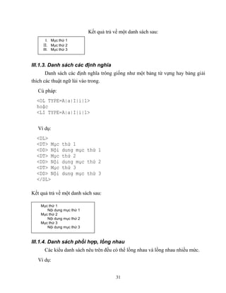 31
Kết quả trả về một danh sách sau:
III.1.3. Danh sách các định nghĩa
Danh sách các định nghĩa trông giống như một bảng từ vựng hay bảng giải
thích các thuật ngữ lùi vào trong.
Cú pháp:
<OL TYPE=A|a|I|i|1>
hoặc
<LI TYPE=A|a|I|i|1>
Ví dụ:
<DL>
<DT> Mục thứ 1
<DD> Nội dung mục thứ 1
<DT> Mục thứ 2
<DD> Nội dung mục thứ 2
<DT> Mục thứ 3
<DD> Nội dung mục thứ 3
</DL>
Kết quả trả về một danh sách sau:
III.1.4. Danh sách phối hợp, lồng nhau
Các kiểu danh sách nêu trên đều có thể lồng nhau và lồng nhau nhiều mức.
Ví dụ:
I. Mục thứ 1
II. Mục thứ 2
III. Mục thứ 3
Mục thứ 1
Nội dung mục thứ 1
Mục thứ 2
Nội dung mục thứ 2
Mục thứ 3
Nội dung mục thứ 3
 