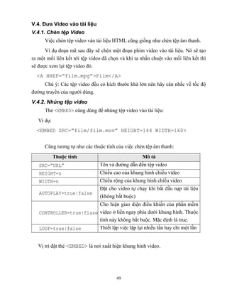 49
V.4. Đưa Video vào tài liệu
V.4.1. Chèn tệp Video
Việc chèn tệp video vào tài liệu HTML c ng giống như chèn tệp âm thanh.
Ví dụ đoạn mã sau đây sẽ chèn một đoạn phim video vào tài liệu. Nó sẽ tạo
ra một mối liên kết tới tệp video đã chọn và khi ta nhấn chuột vào mối liên kết thì
sẽ được xem lại tệp video đó.
<A HREF=”film.mpg”>Film</A>
Chú ý: Các tệp video đều có kích thước khá lớn nên hãy cân nhắc về tốc độ
đường truyền của người dùng.
V.4.2. Nhúng tệp video
Thẻ <EMBED> c ng dùng để nhúng tệp video vào tài liệu:
Ví dụ:
<EMBED SRC=”film/film.mov” HEIGHT=144 WIDTH=160>
C ng tương tự như các thuộc tính của việc chèn tệp âm thanh:
Thuộc tính Mô tả
SRC=”URL” Tên và đường dẫn đến tệp video
HEIGHT=n Chiều cao của khung hình chiếu video
WIDTH=n Chiều rộng của khung hình chiếu video
AUTOPLAY=true|false
Đặt cho video tự chạy khi bắt đầu nạp tài liệu
(không bắt buộc)
CONTROLLER=true|flase
Cho hiện giao diện điều khiển của phần mềm
video ở liền ngay phía dưới khung hình. Thuộc
tính này không bắt buộc. Mặc định là true.
LOOP=true|false Thiết lập việc lặp lại nhiều lần hay chỉ một lần
Vị trí đặt thẻ <EMBED> là nơi xuất hiện khung hình video.
 