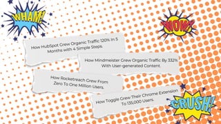 So many
ideas
How HubSpot Grew Organic Traffic 120% In 5
Months with 4 Simple Steps.
How Mindmeister Grew Organic Traffic By 332%
With User-generated Content.
How Rocketreach Grew FromZero To One Million Users.
How Toggle Grew Their Chrome Extension
To 135,000 Users.
 