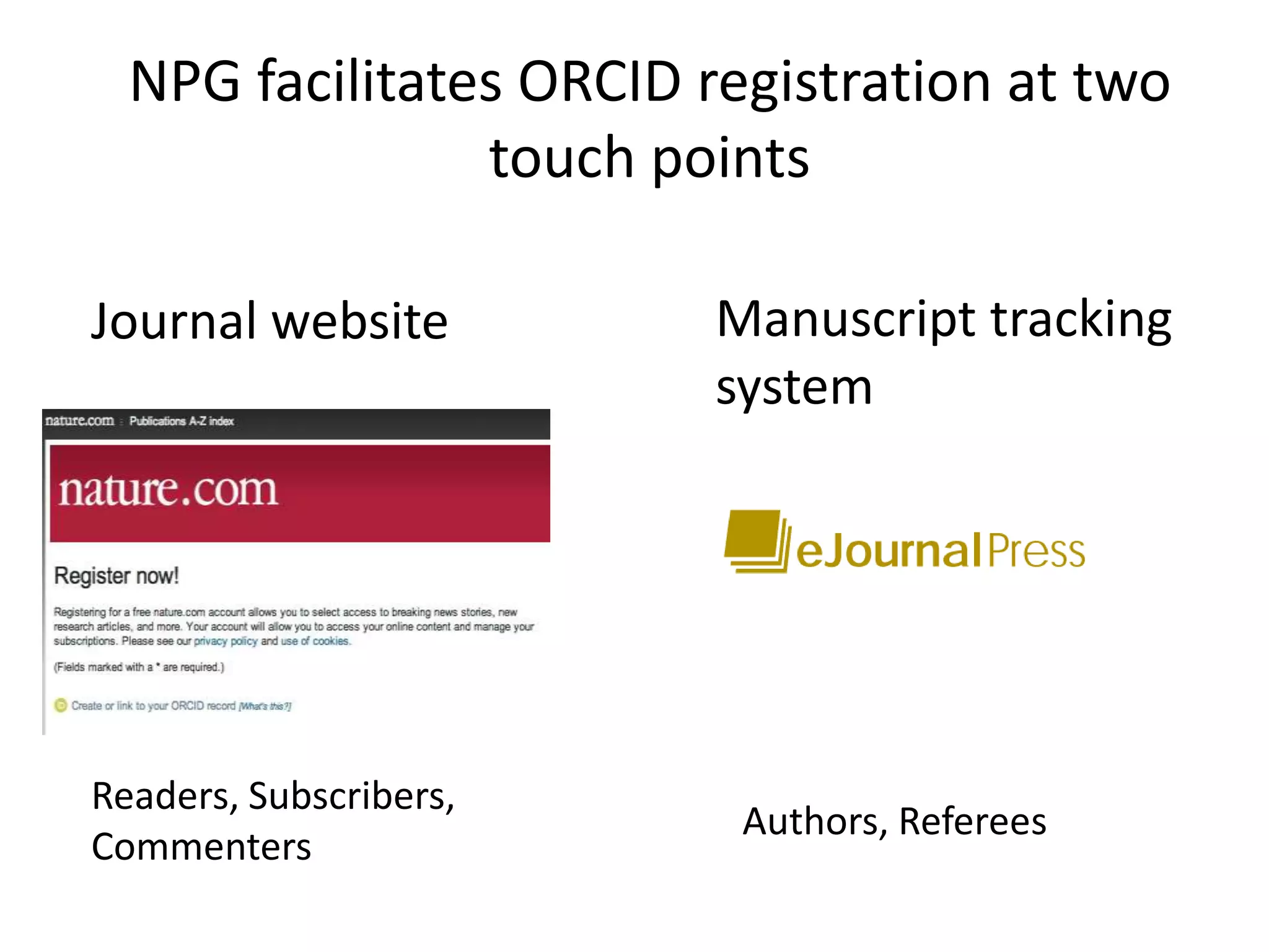 NPG facilitates ORCID registration at two
touch points
Journal website

Readers, Subscribers,
Commenters

Manuscript tracking
system

Authors, Referees

 