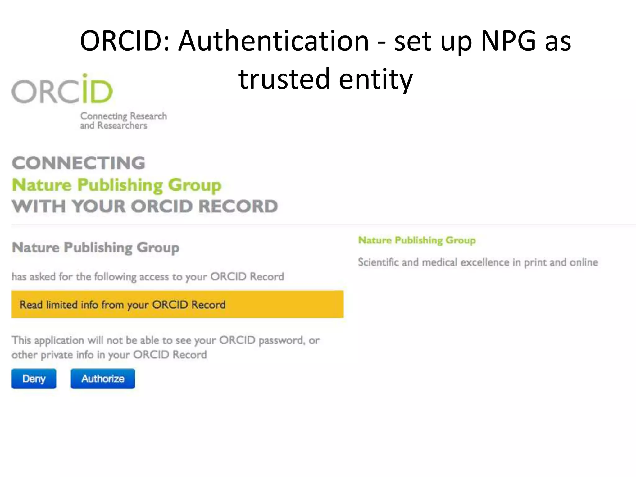 ORCID: Authentication - set up NPG as
trusted entity

 