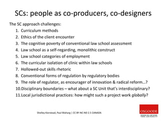 SCs: people as co-producers, co-designers
The SC approach challenges:
1. Curriculum methods
2. Ethics of the client encounter
3. The cognitive poverty of conventional law school assessment
4. Law school as a self-regarding, monolithic construct
5. Law school categories of employment
6. The curricular isolation of clinic within law schools
7. Hollowed-out skills rhetoric
8. Conventional forms of regulation by regulatory bodies
9. The role of regulator, as encourager of innovation & radical reform…?
10.Disciplinary boundaries – what about a SC Unit that’s interdisciplinary?
11.Local jurisdictional practices: how might such a project work globally?
Shelley Kierstead, Paul Maharg | CC BY-NC-ND 2.5 CANADA
 