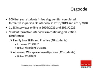 Osgoode
• 300 first year students in law degree (1Ls) completed
formative in-person SC interview in 2018/2019 and 2019/2020
• 1L SC interviews online in 2020/2021 and 2021/2022
• Student formative interviews in continuing education
certificates:
Family Law Skills and Practice (40 students)
 In person 2019/2020
 Online 2020/2021 and 2022
Advanced Workplace Investigations (32 students)
 Online 2020/2021
Shelley Kierstead, Paul Maharg | CC BY-NC-ND 2.5 CANADA
 