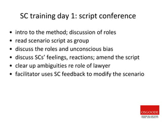 SC training day 1: script conference
• intro to the method; discussion of roles
• read scenario script as group
• discuss the roles and unconscious bias
• discuss SCs’ feelings, reactions; amend the script
• clear up ambiguities re role of lawyer
• facilitator uses SC feedback to modify the scenario
 