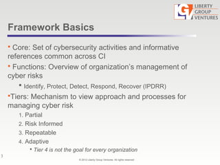 © 2012 Liberty Group Ventures. All rights reserved
3
Framework Basics
 Core: Set of cybersecurity activities and informat...