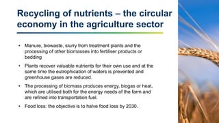 Recycling of nutrients – the circular
economy in the agriculture sector
11
• Manure, biowaste, slurry from treatment plants and the
processing of other biomasses into fertiliser products or
bedding
• Plants recover valuable nutrients for their own use and at the
same time the eutrophication of waters is prevented and
greenhouse gases are reduced.
• The processing of biomass produces energy, biogas or heat,
which are utilised both for the energy needs of the farm and
are refined into transportation fuel.
• Food loss: the objective is to halve food loss by 2030.
 