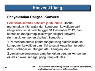 16-19 
KKKKoooonnnnvvvveeeerrrrssssiiii UUUUttttaaaannnngggg 
Penyelesaian Obligasi Konversi 
Pembelian kembali sebelum jatuh tempo. Roche 
menentukan nilai wajar dari komponen kewajiban dari 
obligasi konversi pada tanggal 31 Desember 2012, dan 
kemudian mengurangi nilai wajar obligasi konversi 
(termasuk komponen ekuitas). kemudian, 
1.Perbedaan antara pertimbangan yang dialokasikan ke 
komponen kewajiban dan nilai tercatat kewajiban tersebut 
diakui sebagai keuntungan atau kerugian, dan 
2.Jumlah pertimbangan yang berkaitan dengan komponen 
ekuitas diakui (sebagai pengurang) ekuitas. 
LO 1 Describe the accounting for the issuance, conversion, 
and retirement of convertible securities. 
 