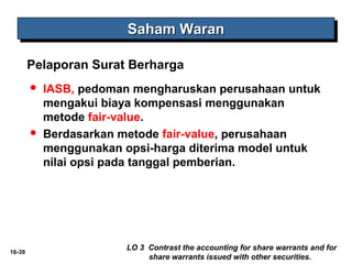 16-39 
SSSSaaaahhhhaaaammmm WWWWaaaarrrraaaannnn 
Pelaporan Surat Berharga 
 IASB, pedoman mengharuskan perusahaan untuk 
mengakui biaya kompensasi menggunakan 
metode fair-value. 
 Berdasarkan metode fair-value, perusahaan 
menggunakan opsi-harga diterima model untuk 
nilai opsi pada tanggal pemberian. 
LO 3 Contrast the accounting for share warrants and for 
share warrants issued with other securities. 
 