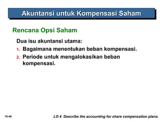 16-40 
AAAAkkkkuuuunnnnttttaaaannnnssssiiii uuuunnnnttttuuuukkkk KKKKoooommmmppppeeeennnnssssaaaassssiiii SSSSaaaahhhhaaaammmm 
Rencana Opsi Saham 
Dua isu akuntansi utama: 
1. Bagaimana menentukan beban kompensasi. 
2. Periode untuk mengalokasikan beban 
kompensasi. 
LO 4 Describe the accounting for share compensation plans. 
 