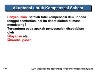 AAAAkkkkuuuunnnnttttaaaannnnssssiiii uuuunnnnttttuuuukkkk KKKKoooommmmppppeeeennnnssssaaaassssiiii SSSSaaaahhhhaaaammmm 
Penyesuaian. Setelah total kompensasi diukur pada 
tanggal pemberian, hal itu dapat diubah di masa 
mendatang? 
Tergantung pada apakah penyesuaian disebabkan 
oleh 
layanan atau 
kondisi pasar. 
16-47 LO 4 Describe the accounting for share compensation plans. 
 